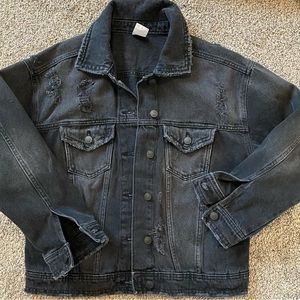 Oversized Womens S Black Denim Distressed Trucker Jacket No Boundaries (Juniors)